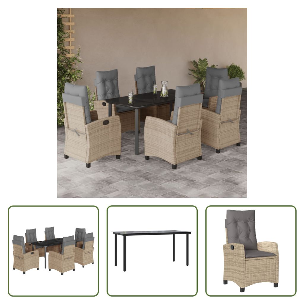 The Living Store 7-tlg. Garten-Essgruppe mit Kissen Beigemischung Poly Rattan