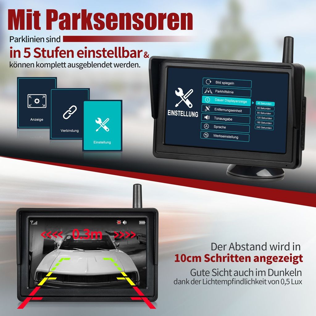 Lescars Rückfahrwarner: Funk-Ultraschall-Einparkhilfe in  Kennzeichen-Halter, mit LCD-Display (Rückfahrhilfe)