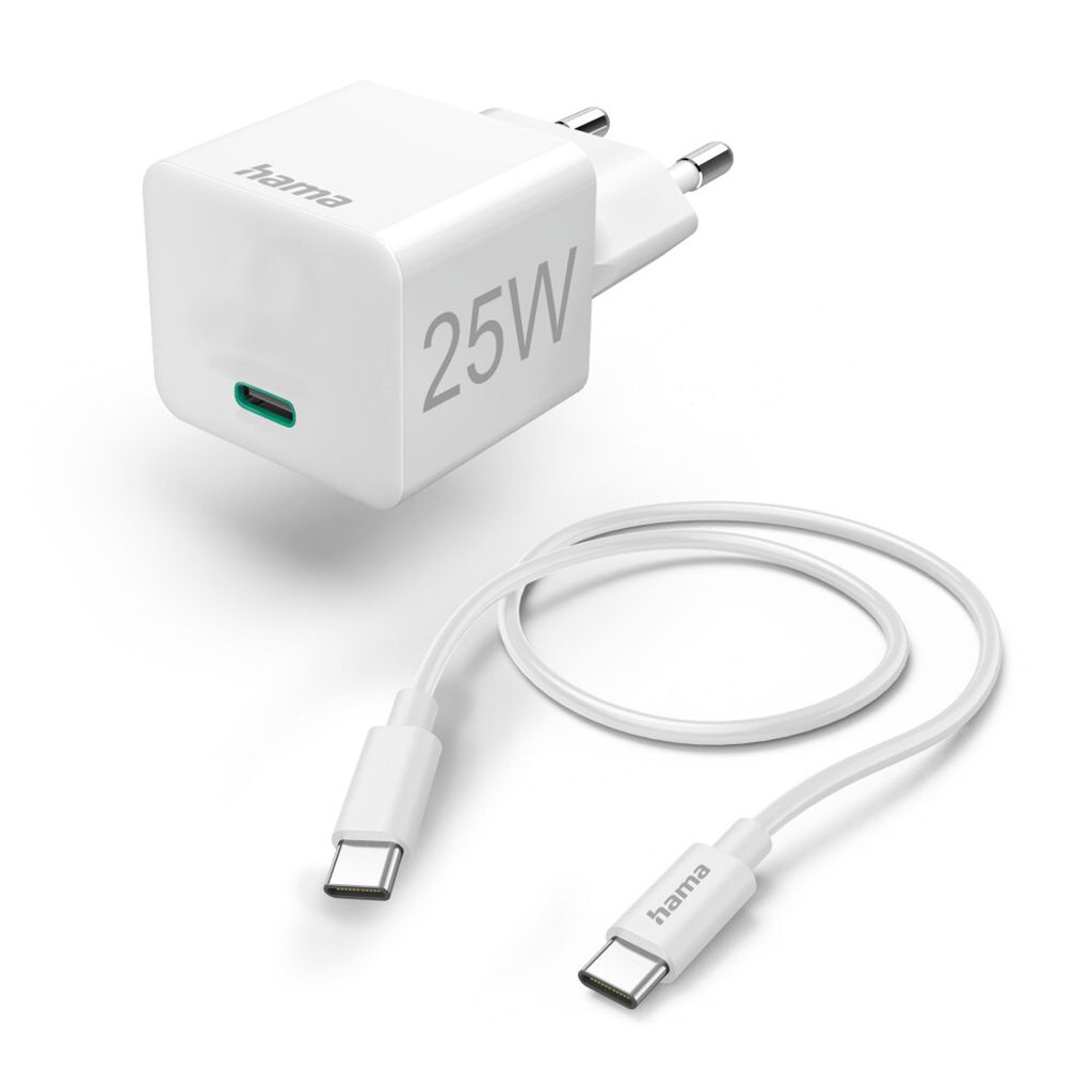 Hama Schnellladegerät mit Ladekabel USB-C, Mini-Ladegerät, PD, 25W, 1,5 m, Weiß (00201624)