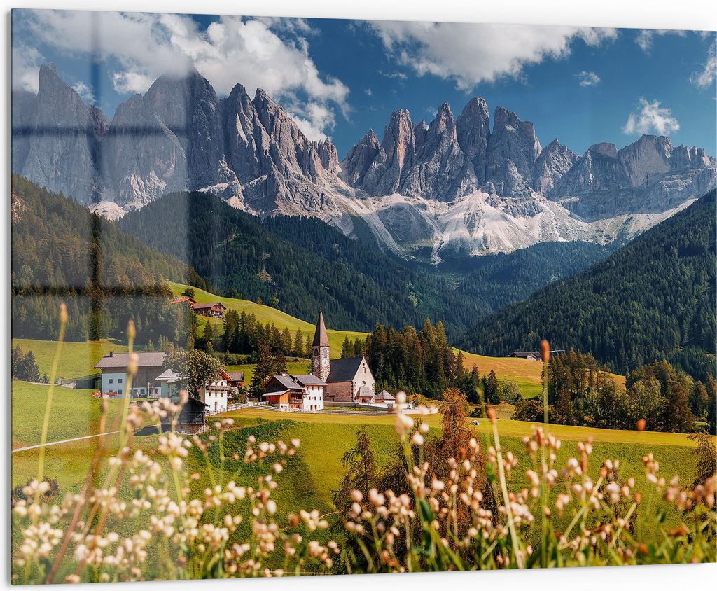 DEQORI Küchenrückwand Glas 80x60 cm 'Charmantes Dolomitental' Spritzschutz Bad Rückwand Küche