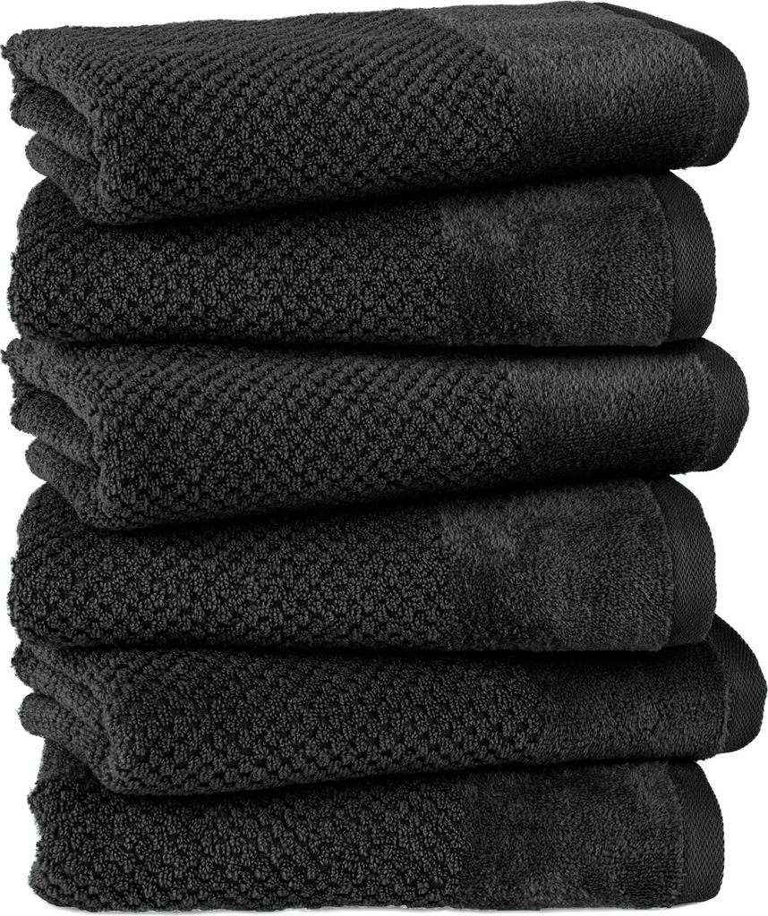 Pure Label 6-TLG Handtücher Set mit Aufhängeschlaufen aus Baumwolle, saugstark und weich | 6er Pack Handtücher 50x100 cm aus Baumwolle, Schwarz