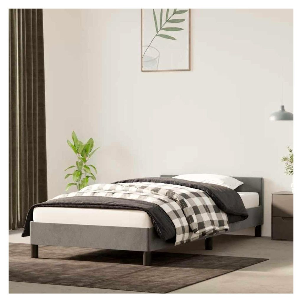 Bettgestell mit Kopfteil, Bettrahmen mit Lattenrost, Polsterbett mit Stützbeinen, Einzelbett, Hellgrau 90x200cm