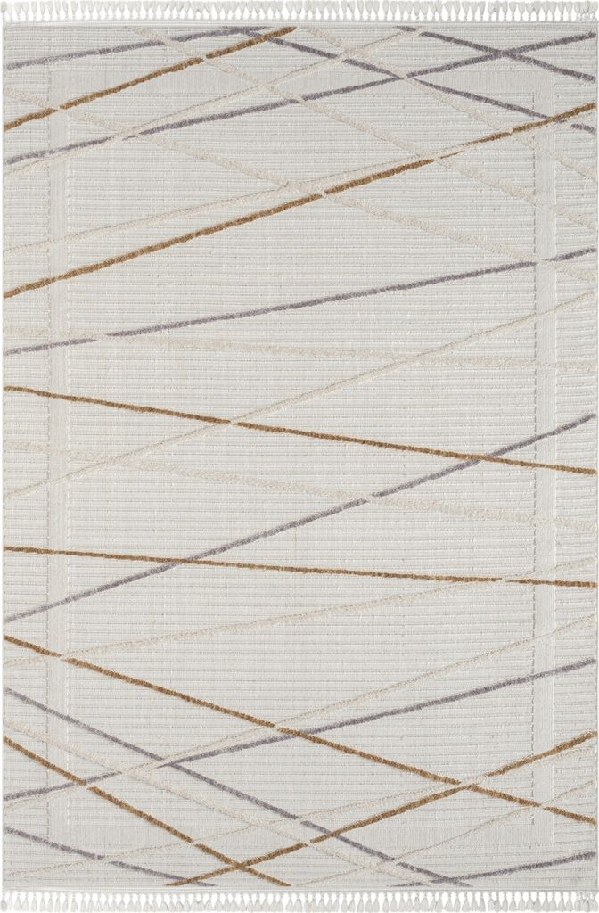 MY-RUG Teppich, Lina 1, 290x200, Weiß, Kurzflorteppich, moderne Hoch-Tief-Struktur, Boho-Stil, mit Fransen, Rechteckig