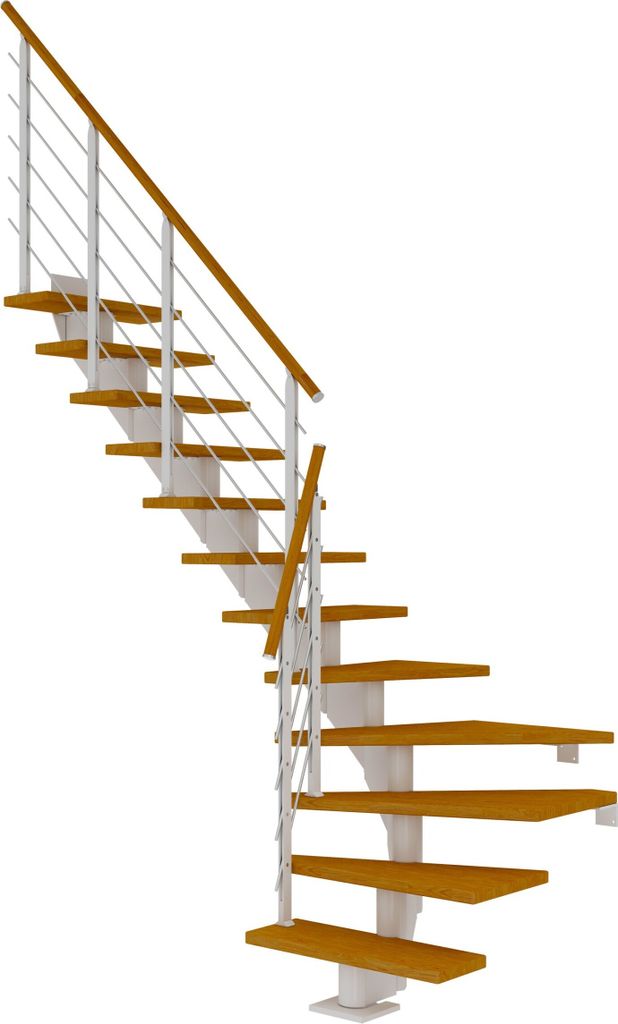Dolle Mittelholmtreppe Hamburg 1/4 gewendelt Eiche, geölt 85 cm breit für Geschosshöhen 240 – 279 cm UK Metall Weiß inkl. einseitigem Designg...