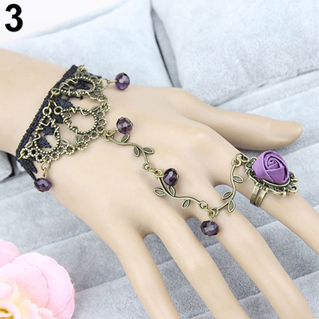 Retro Gothic Frauen Spitze Blume Hand Slave Harness Armband Kette Ring Schmuck-Lila