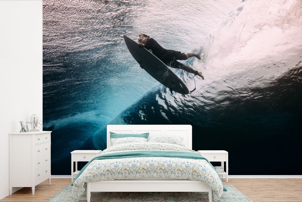 MuchoWow Fototapete für Wohnzimmer oder Schlafzimmer Wandtapete Vinyl Motivtapete Surfer taucht - 450x300 cm - Gemusterte