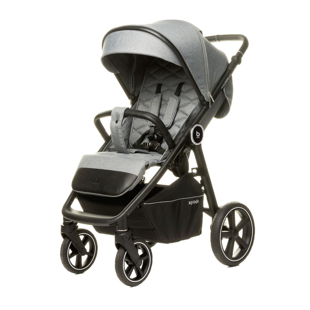 Xplode Kinderwagen für bis zu 22 kg, mit Flaschenhalter, Regenschutz und Moskitonetz, große Räder, Grau