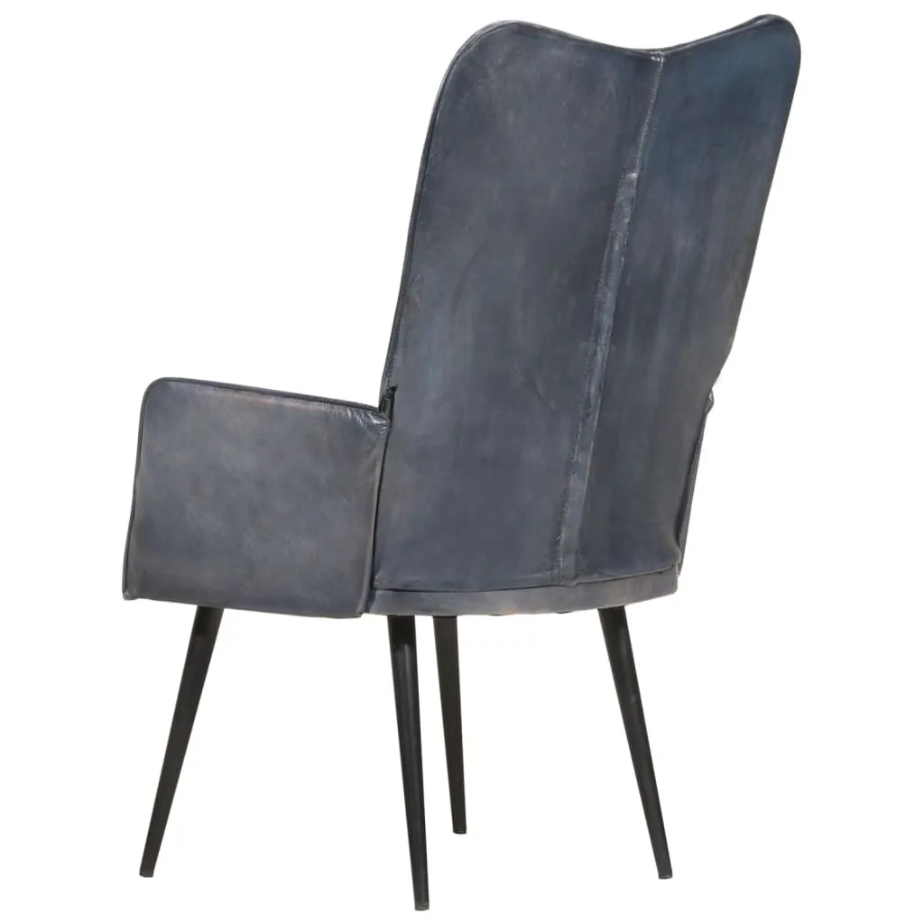 Fauteuil à oreilles Gris en cuir véritable - Fauteuil Bergère Chic 90cm