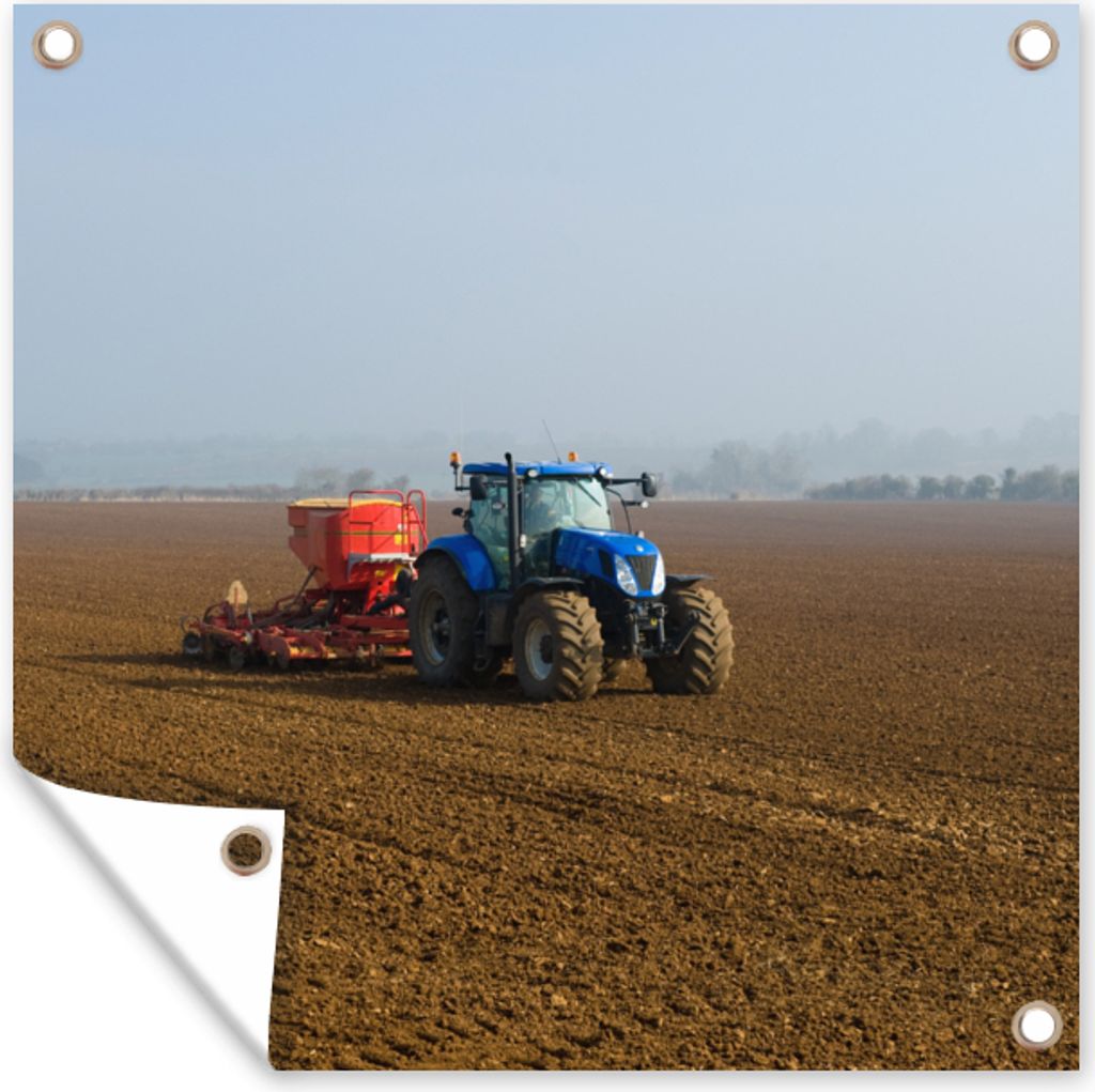 MuchoWow 100x100 cm Outdoor-Poster Gartendeko Sichtschutz Garten Poster für den Garten Traktor - Blau - Nebel