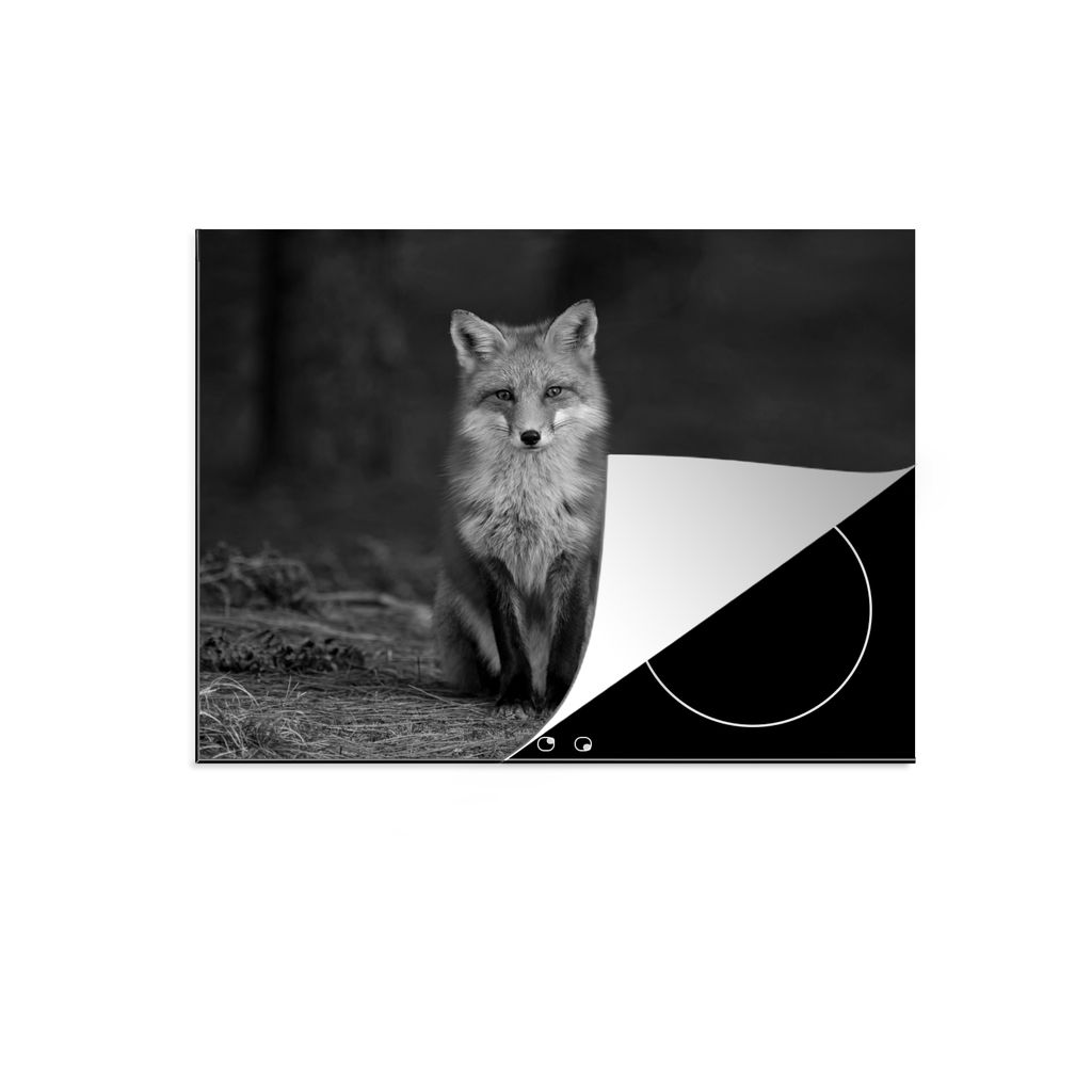 KitchenYeah Herdabdeckplatte Sitzender Rotfuchs - schwarz und weiß , 65x52cm, Küche Deko, Glaskeramikkochfeld Herdabdeckung, Abdeckplatte fùr ...