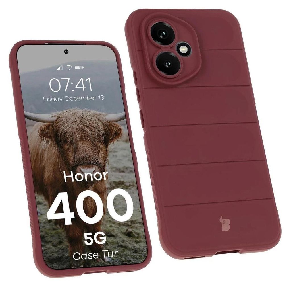 A smartphone with a burgundy case is shown next to a separate burgundy phone case.