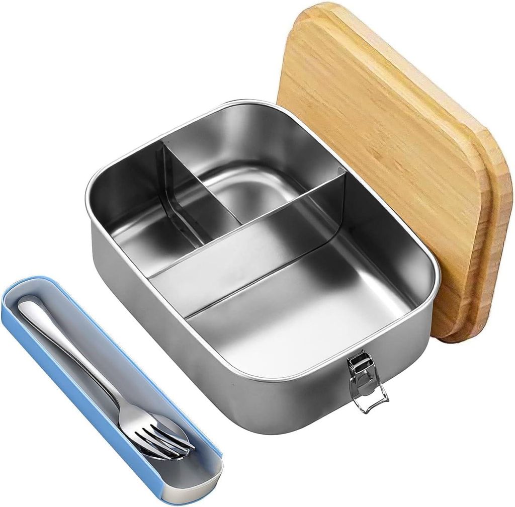 Edelstahl-Lunchbox mit Holzdeckel - Bento-Box für Kinder und Erwachsene - Lunchbox mit Fächern - 1200 ml - Geeignet als Brotdose - Nachhaltiges M...