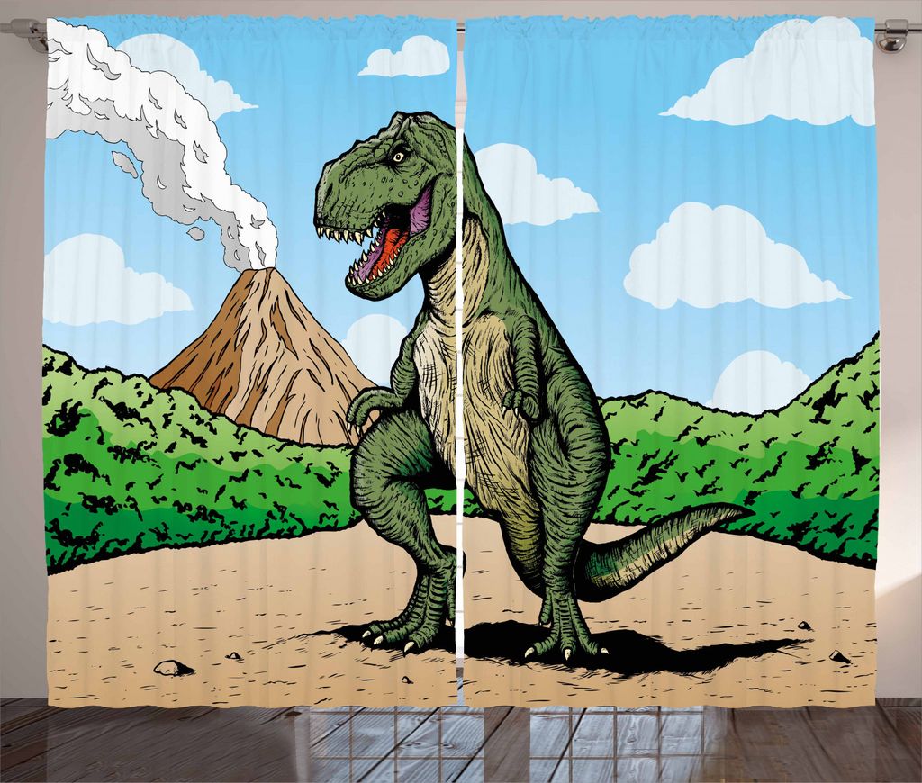 ABAKUHAUS Dinosaurier Rustikaler Vorhang, T-Rex Aktiver Vulkan, Wohnzimmer Universalband Gardinen mit Schlaufen und Haken, 280 x 245 cm, Hellbraun ...