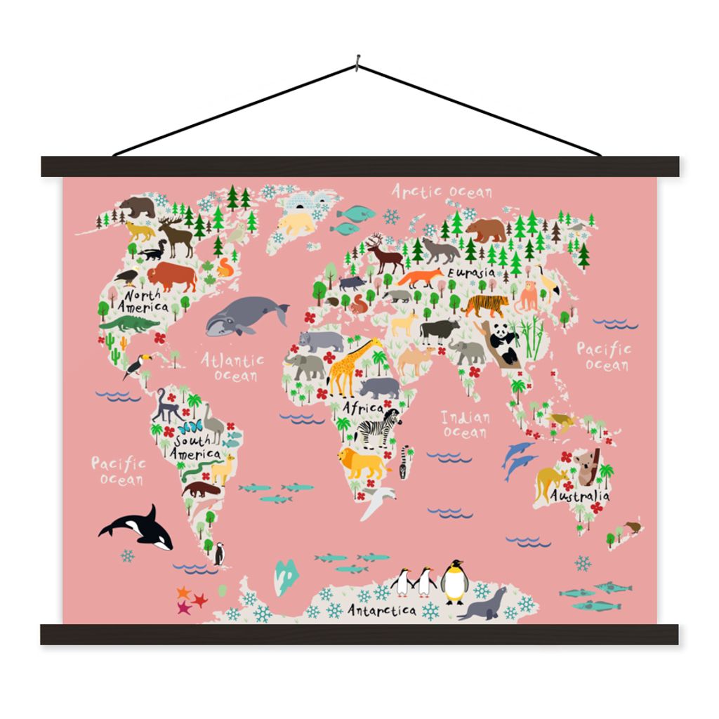 MuchoWow Textilposter Weltkarte - Kinder - Rosa - Tiere 150x113 cm mit schwarzem Rahmen - Wohnzimmer