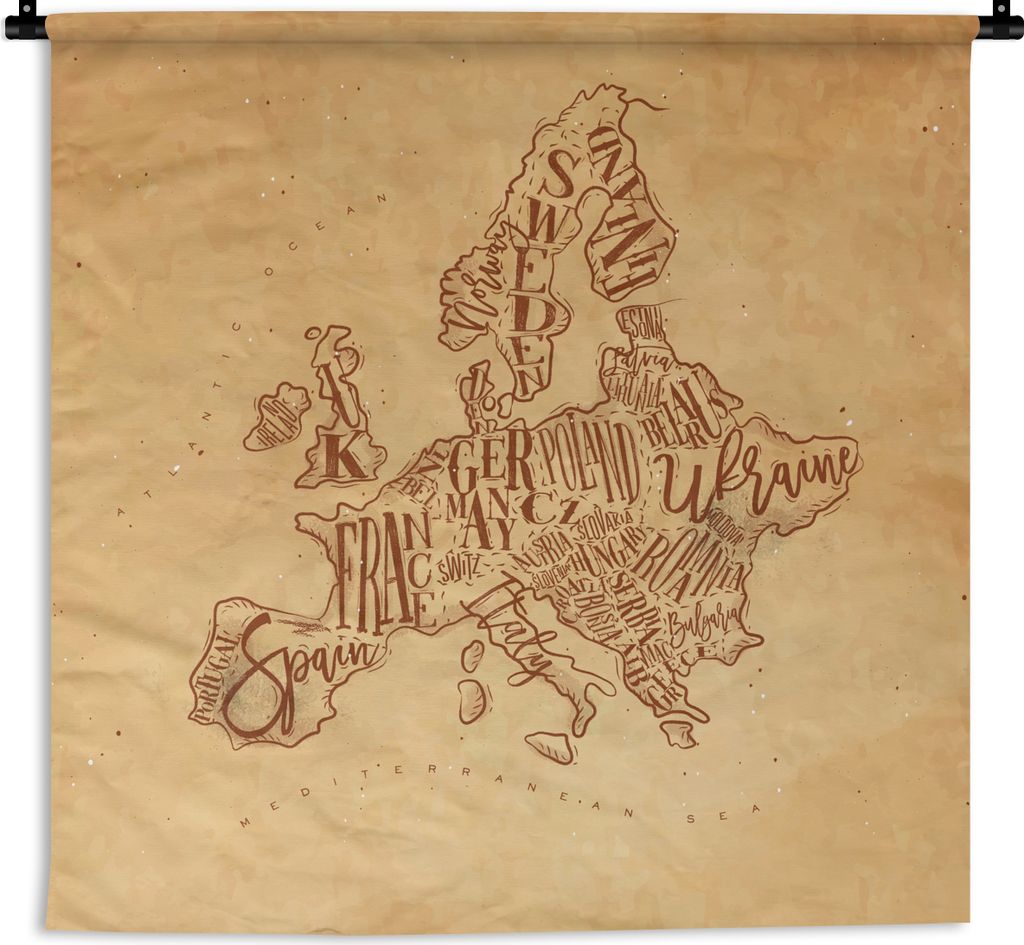MuchoWow Wandteppich Wandbehang Karte - Europa - Vintage - Braun 60x60 cm Tapisserie Dekoration Wandtuch - Dekorationen - Wand Decke