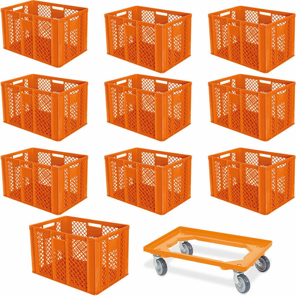 10 Euroboxen, 600x400x410 mm, lebensmittelecht, orange + Transportroller