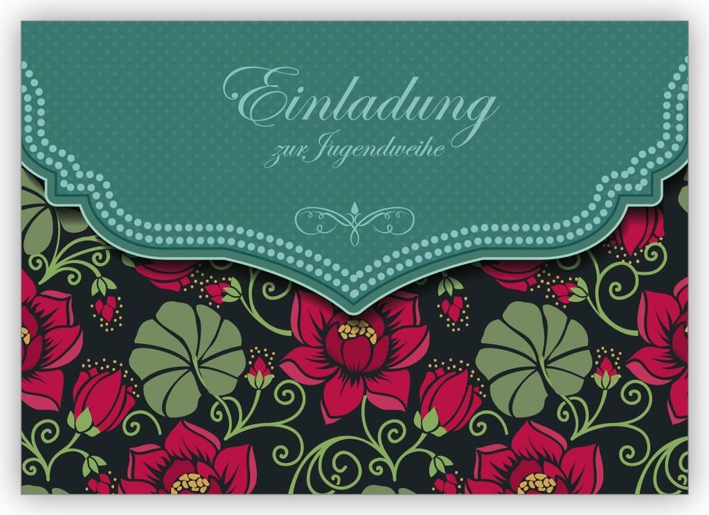 Traumhafte Retro Einladungskarte mit Vintage Seerosen Muster in grün für Mädchen: Einladung zur Jugendweihe