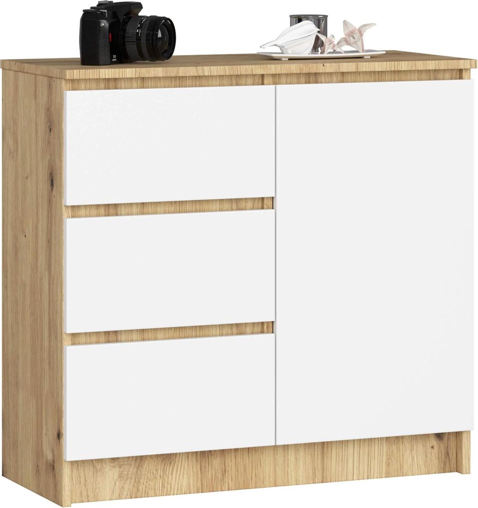 Stilvolle Kommode K80 JERRY in Eiche Artisan und Weiß mit Stauraum und 3 Schubladen