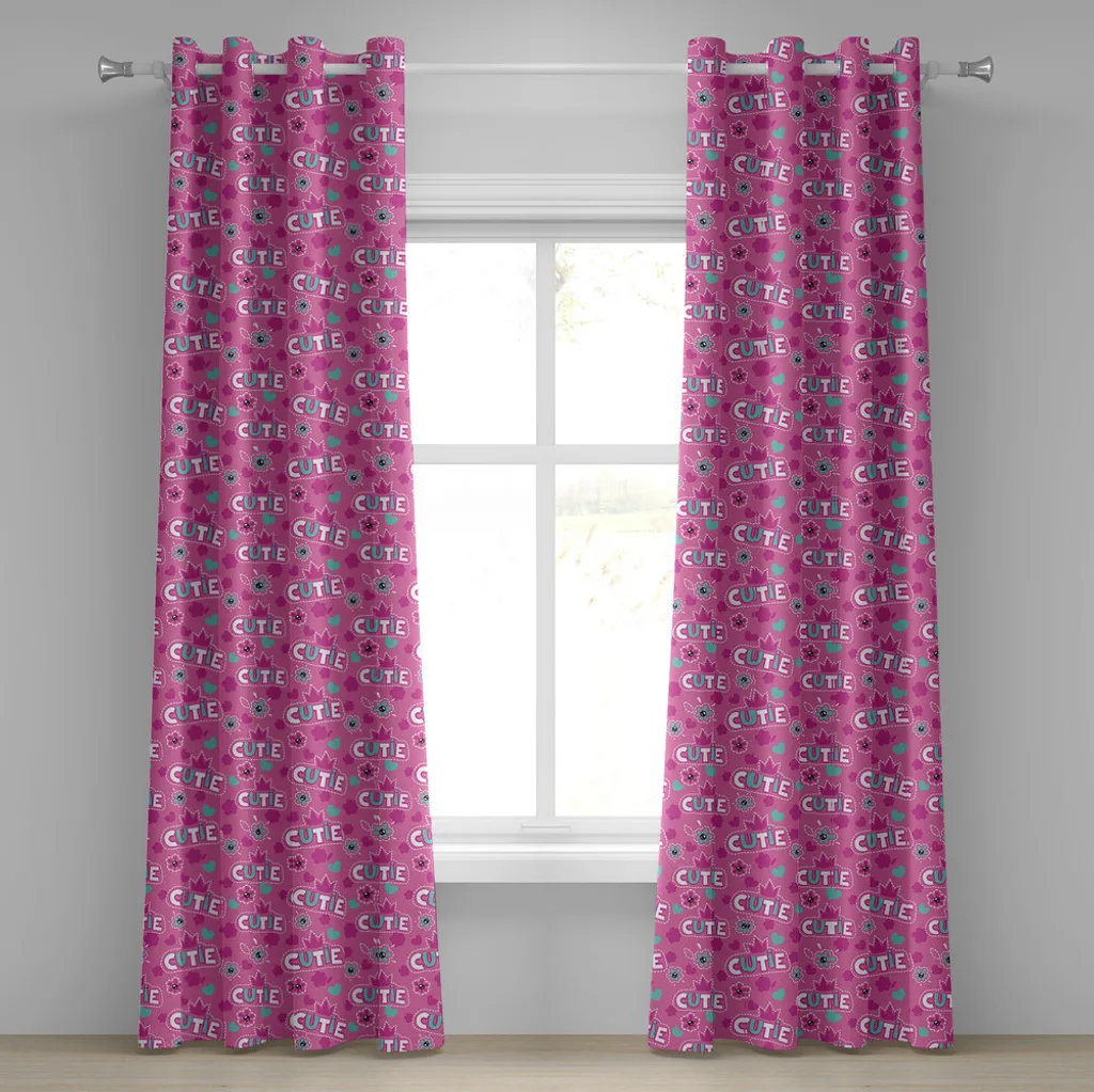 ABAKUHAUS Tenda con occhielli femminile, scritta Cutie con motivo a corona e illustrazione con silhouette di fiori, tende decorative a 2 pannelli per finestre, 280 cm x 175 cm, colore fucsia