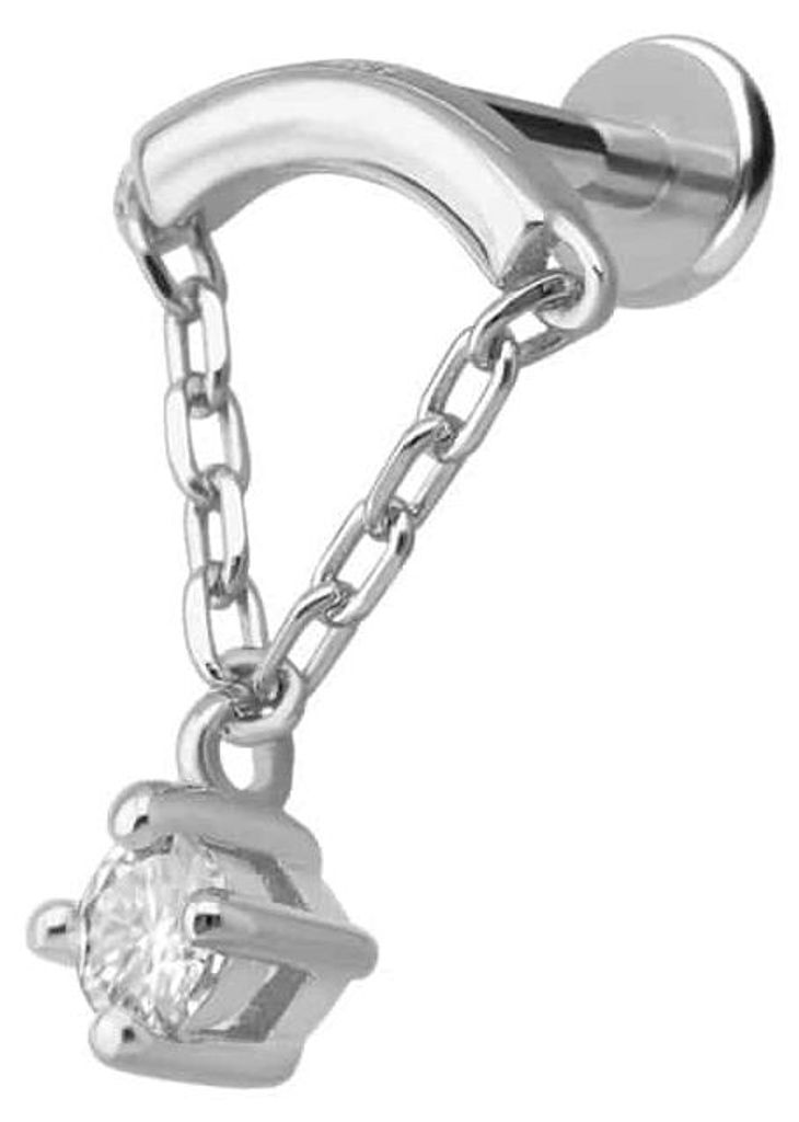 Ohrpiercing, Nasenpiercing Titan Labret mit Innengewinde + 925er Silber Aufsatz MOISSANIT + BOGEN + KETTE WeißGold Stablänge: 7mm | Stabstärke: ...