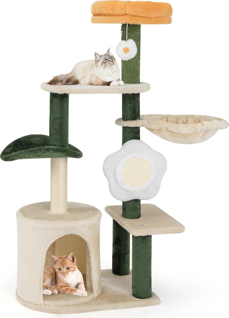 GOPLUS Kratzbaum, 114 cm Katzenbaum mit mehrstockige Plattform, moderner Katzenkratzbaum im Blumendesign mit Katzenbett, Grün + Beige