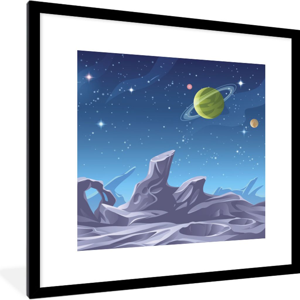 MuchoWow Gerahmtes Poster Eine Illustration der Mondoberfläche mit sichtbaren Planeten 40x40 cm - Poster mit Schwarzem Bilderrahmen Wandposter R...