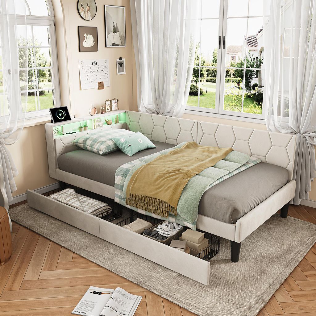 UnboxG Sofabett 90×200 cm Beige, Polsterbett aus Samt mit Stauraum, 2 Schubladen, LED-Kopfteil mit USB & Type-C, Verwandlungsfunktion Sofa ↔ Bet...