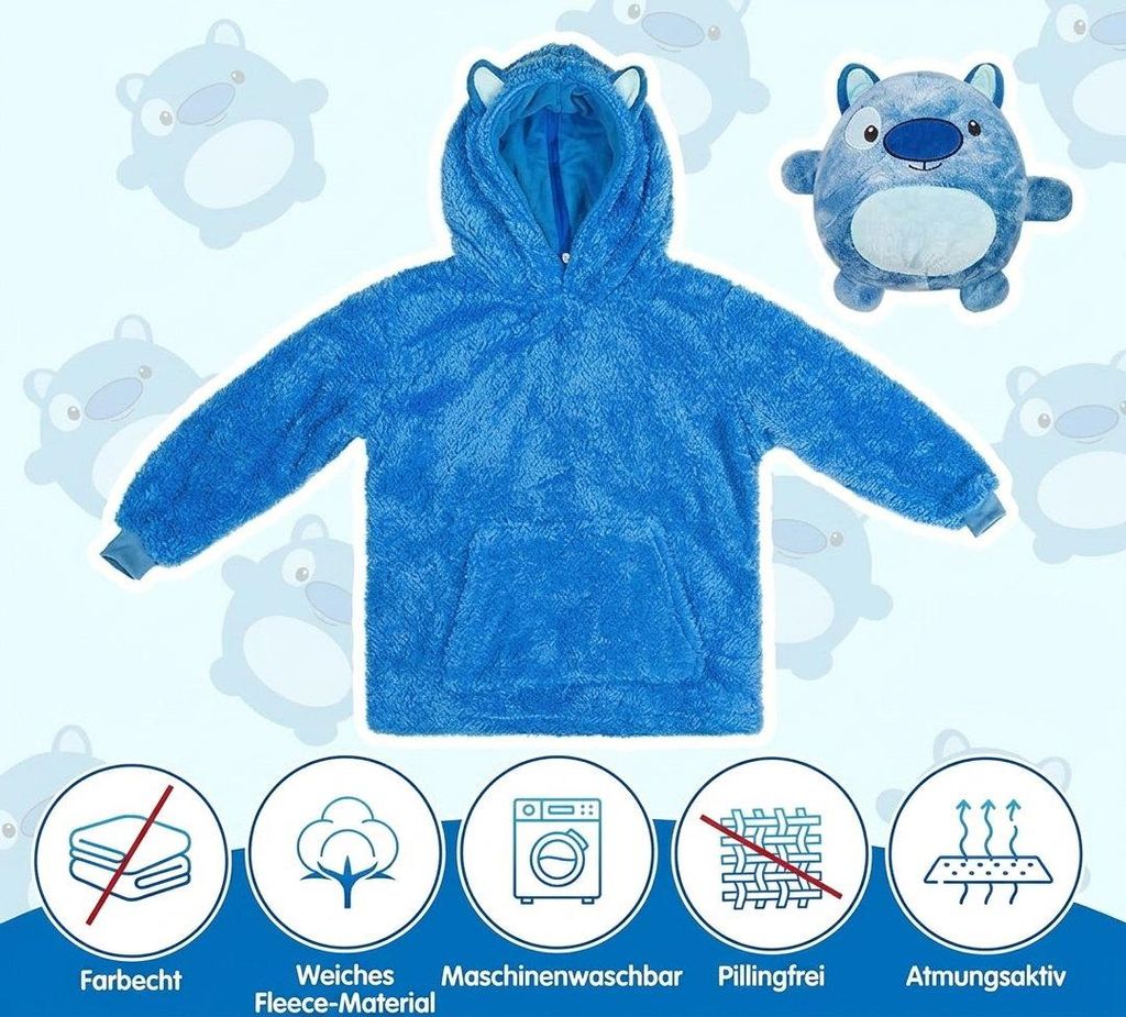 Blaue Fleece-Übergröße tragbarer Decken-Kapuzenpullover mit Tierohren an der Kapuze, neben einem passenden blauen Plüschtier