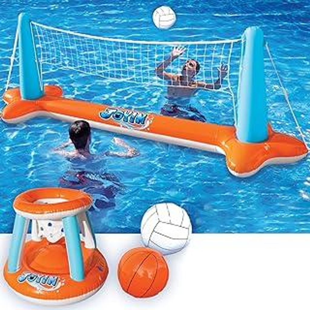 JOYIN Aufblasbare Pool Float Set, Volleyballnetz & Basketballkörbe & Bälle für Kinder und Erwachsene, Wasserspielzeug Poolspielzeug Volleyball B...