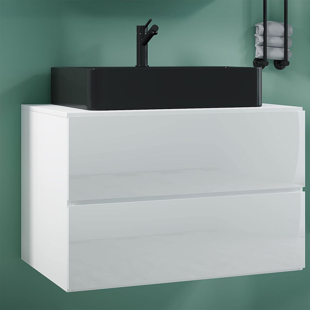 VCM 2-tlg. Waschplatz Waschtisch | schwarzes Waschbecken Unterschrank Breite 80 cm | Badmöbel Set mit Schubladen | Lendas S BL