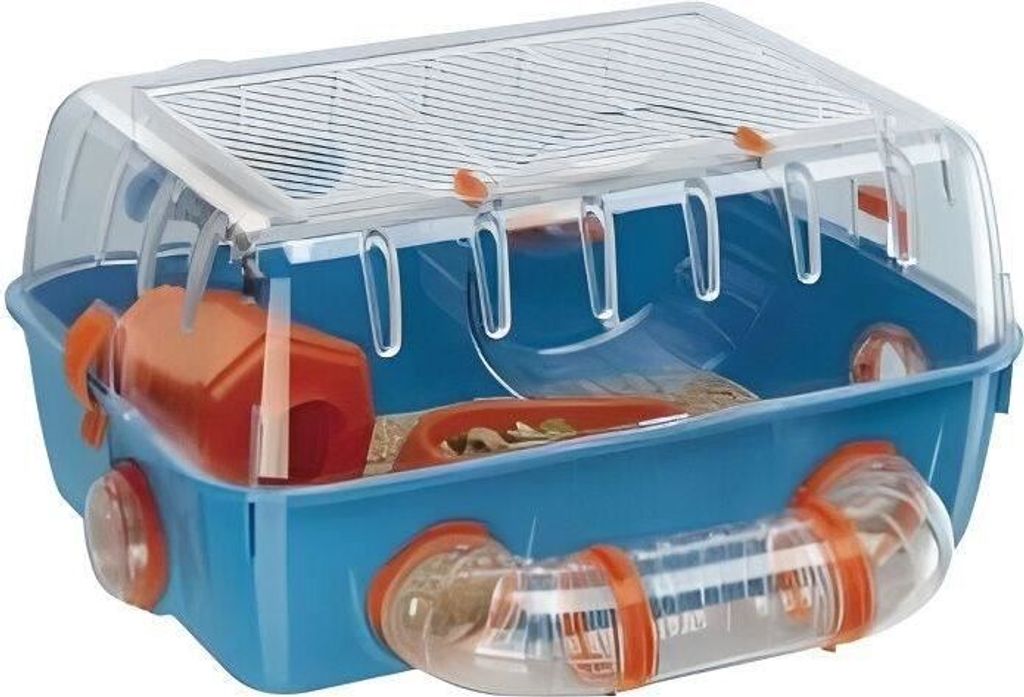 Hamsterkäfig Kunststoff mit Tunnel, Rad, Futterhaus, Häuschen und Trinkflasche, 40.5 x 29.5 x 22.5 cm, Ferplast