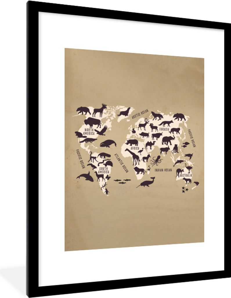 MuchoWow Gerahmtes Poster Weltkarte - Tiere - Retro 60x80 cm - Poster mit Schwarzem Bilderrahmen Wandposter Rahmen Foto Bilder - Wohnzimmer - Dek...