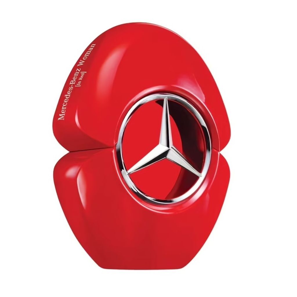 A red perfume bottle with the Mercedes-Benz logo.