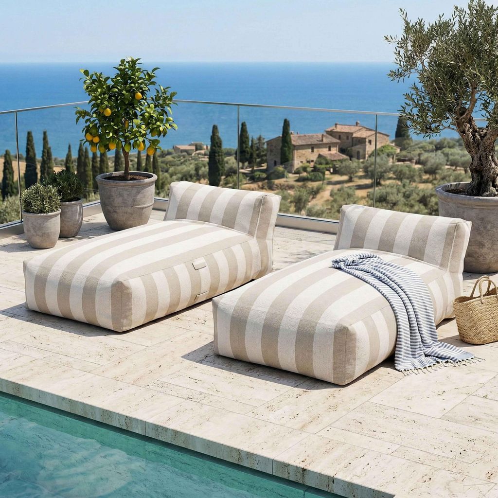 Modulares Gartenmöbelset mit 2 gestreiften sandfarbenen Liegen - Oviala Mixi