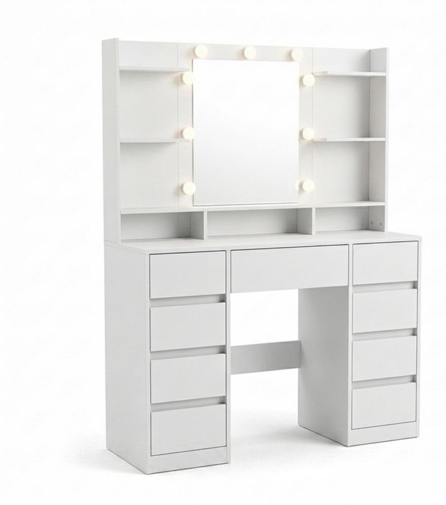 Relaxdays Schminktafel, met LED-spiegel en opbergruimte, Productafbeelding 