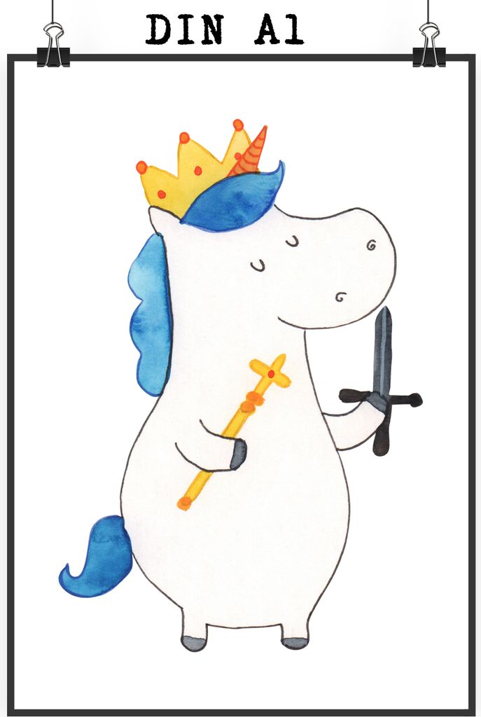 Mr. & Mrs. Panda Bild Einhorn König mit Schwert DIN A1 - Weiß - Geschenk, Ritter, Einhörner, Plakat, Unicorn, wanddeko, Mittelalter, Kunstdruck,...