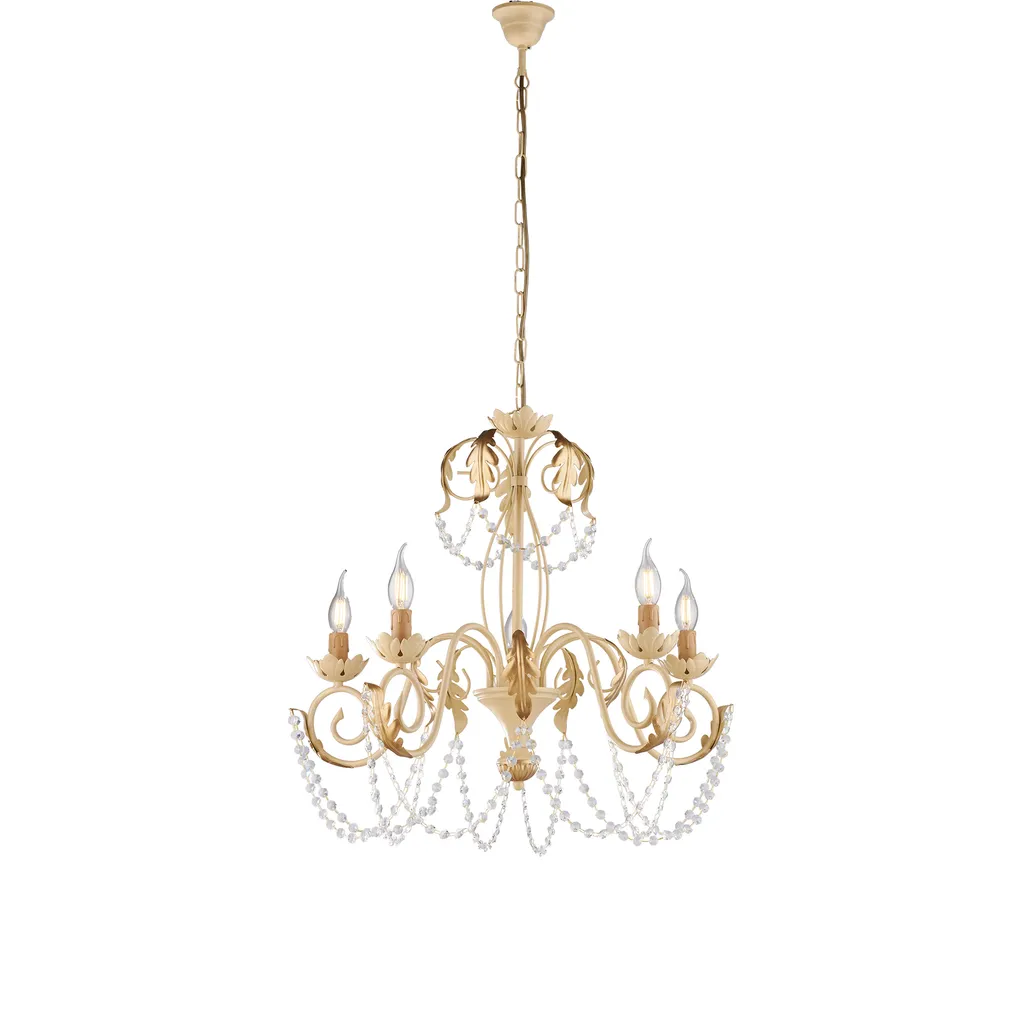 Lustre Damasco fer forgé ivoire, or antique, pampilles cristal - 5 lumières
