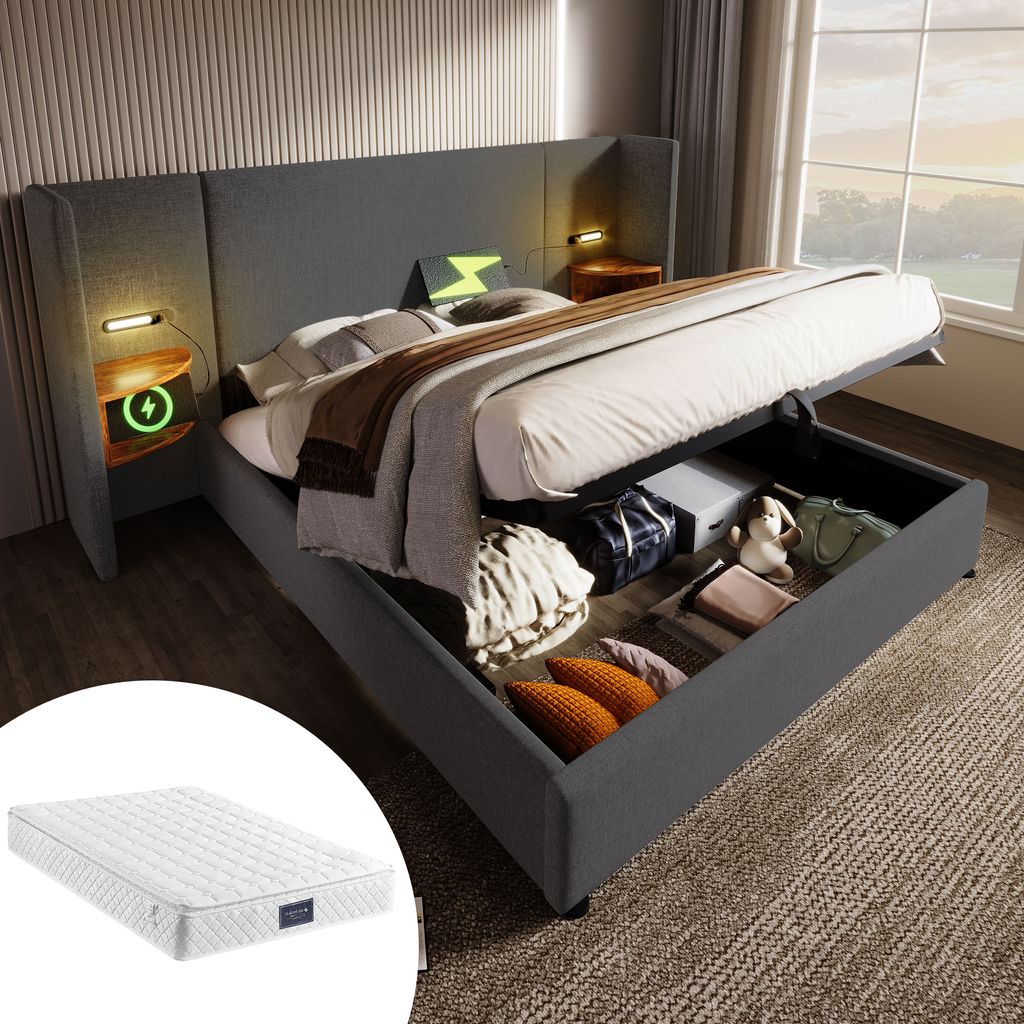 okwish Polsterbett Doppelbett Hydraulisches Stauraumbett 160×200 mit Nachttisch , Leselampe und USB Type-C Ladefunktion, Bettanlage Stauraumbett B...