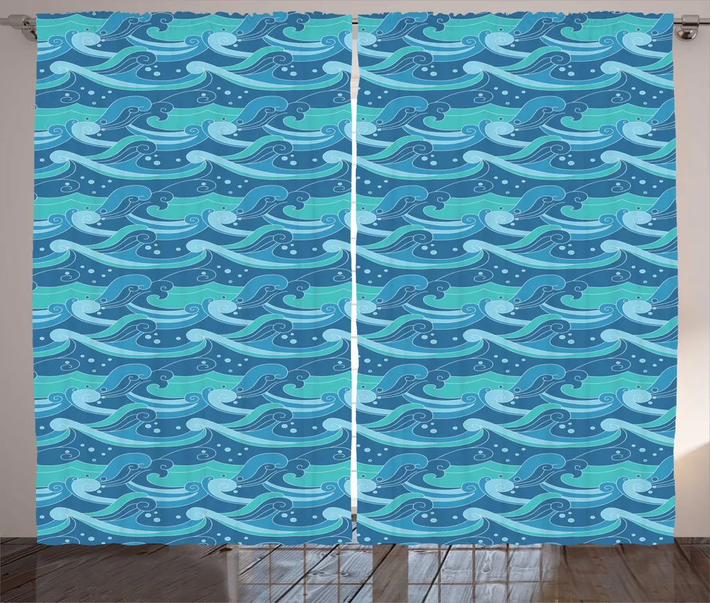 Rideau Grande Largeur à Crochets Motif Abstrait Bleu Marine et Cyan