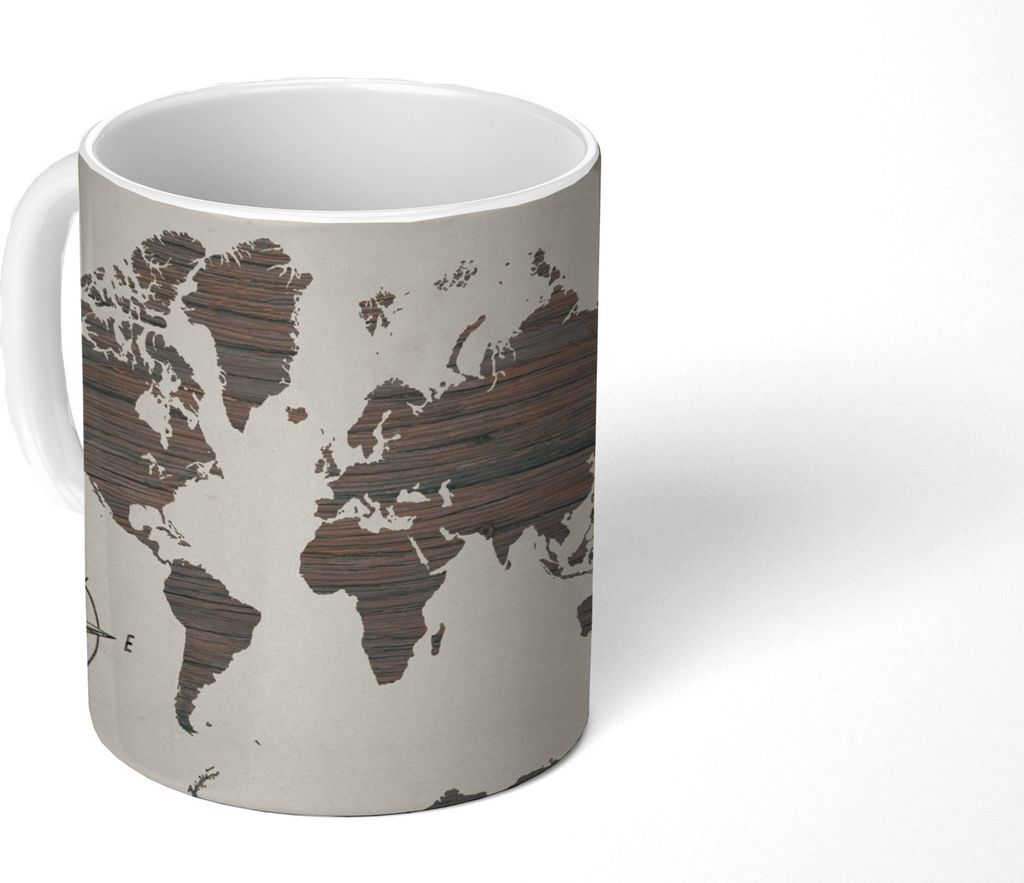 MuchoWow Tasse Kaffeetasse Kaffeebecher 350 ml Weltkarte - Holz - Braun Teetasse - Fototasse - Becher - Keramikbecher - Teebecher - Kaffeetasse -...