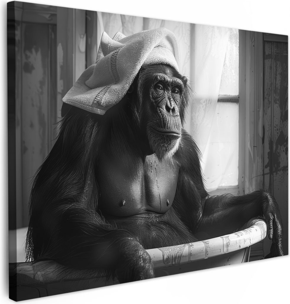 MuchoWow - Leinwandbilder - Affe - Tier - Bad - Schwarz - Weiß - Humor, Wandbild, Wanddeko Bilder Wohnzimmer, 40x30 cm
