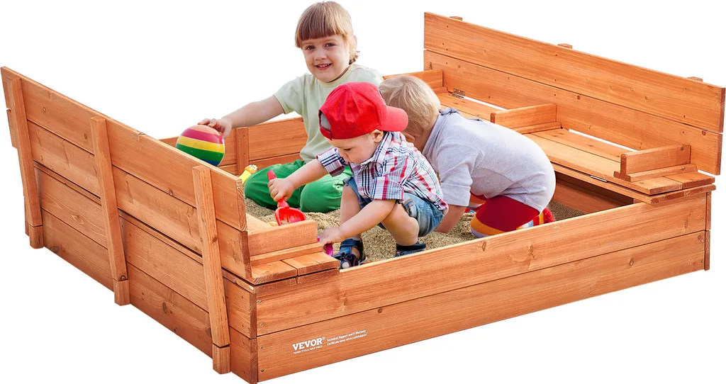Bac à sable VEVOR en bois naturel 132x120x43 cm avec bancs pliables