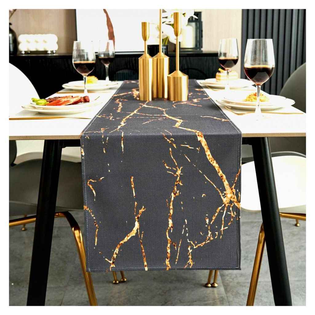 Tischläufer Modern Herbst Grau und Gold Leinen Marmor Goldene Textur Abstrakte Kunst Waschbarer Tischläufer für Kaffee, Esszimmer, Kommode, Beis...