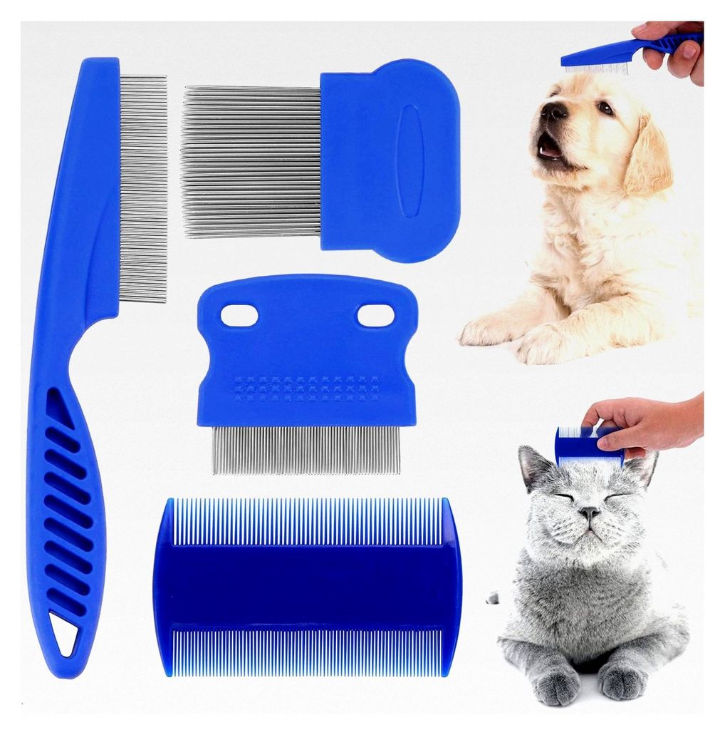 4 Stück Flohkamm für Hunde und Katzen, Set zur Entfernung von Floh- und Tränenflecken (Blau)