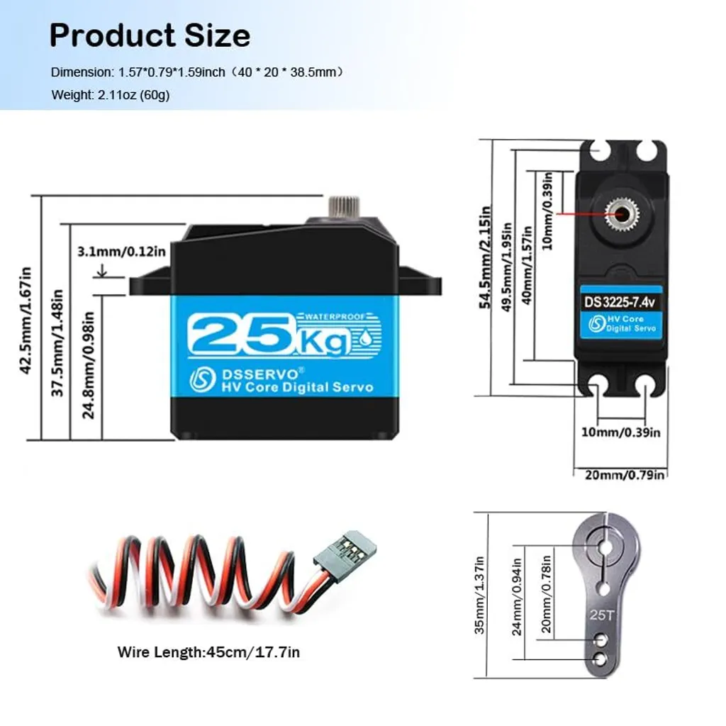 Servo de direction RC pour projet DIY et voiture tout-terrain 25KG