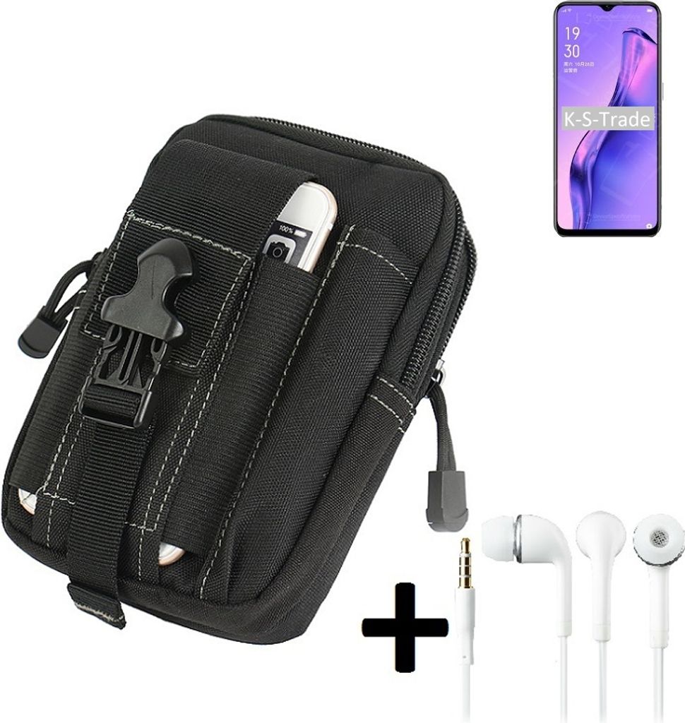 K-S-Trade Gürteltache + Kopfhörer kompatibel mit Oppo A31 Gürtel Tasche Holster Schutz Hülle Handy Hülle schwarz inkl. Extrafächer