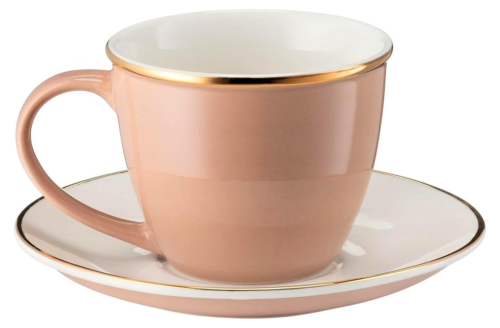 Beige Porzellantasse mit Untertasse 220 ml - Kaffeetasse mit Unterteller - Cappuccino Tassen - Teetasse