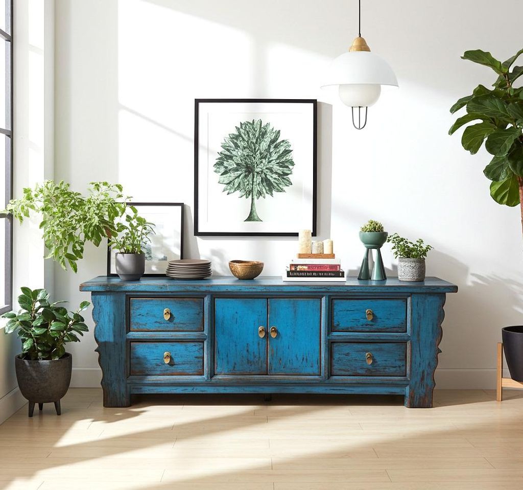 Chinesisches Lowboard Sideboard Kommode Schrank Möbel orientalisch asiatisch Büffet Anrichte blau China Shabby Chic Vintage Holz