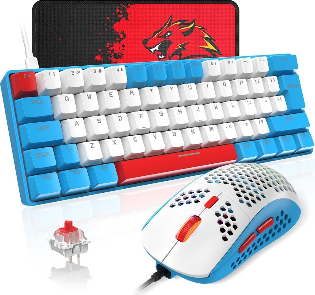 Tastatur-Maus-Sets, Kompakt 62 Tasten, Typ C Wired, 19 Hintergrundbeleuchtung Gaming-Tastatur + 6400 DPI RGB Maus + Mauspad, UK Layout für PC,Laptop
