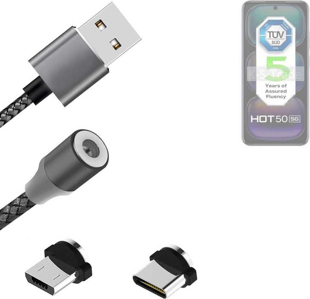 K-S-Trade Hochwertiges Magnet-Lade-kabel Sync-Kabel Daten-Kabel kompatibel mit Infinix Hot 50 5G mit USB-Typ-C-Anschluss und Micro-USB-Anschluss 2A